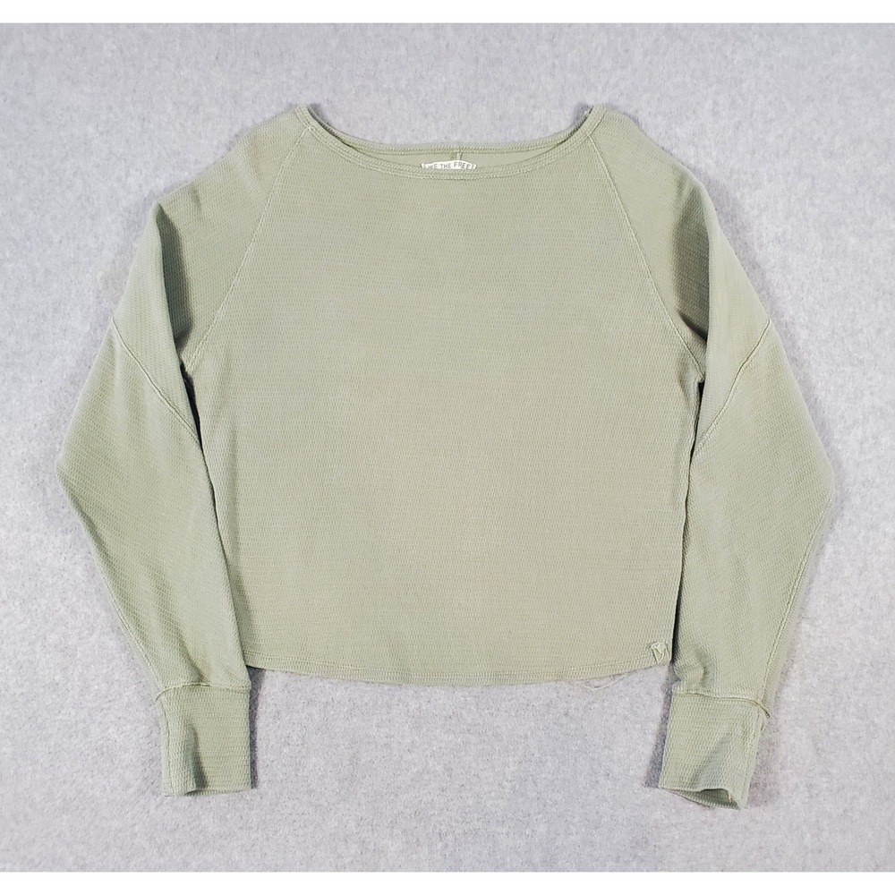 We The Free People Top Medium Sage Green Waffle Knit Cropped Thermal Long Sleeve